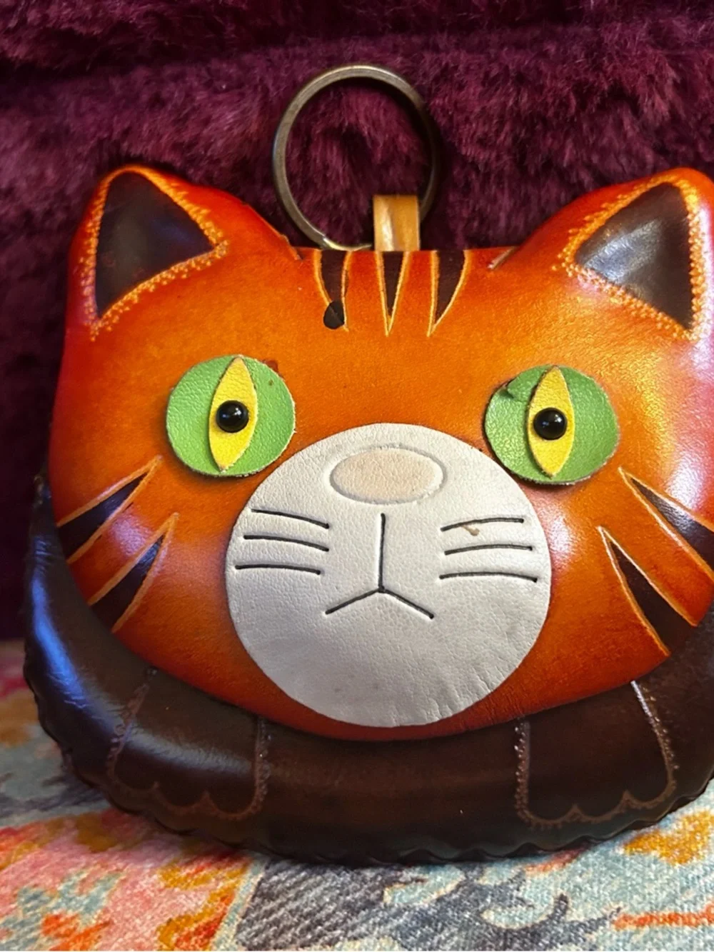 Handcrafted Orange Cat Leather Coin Purse Keychain